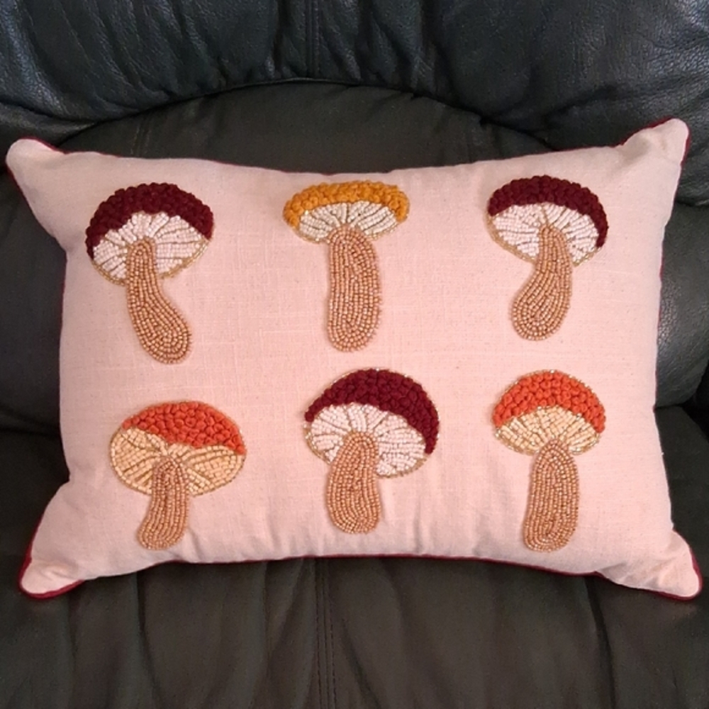 Mushroom Beaded & Embroidered Accent Pillow By Kirkland's Home. NWT. Beautiful!!
